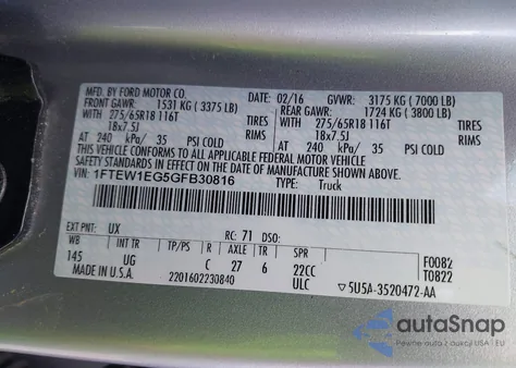 2016 Ford F-150 Xlt from USA, damaged, VIN 1FTEW1EG5GFB30816